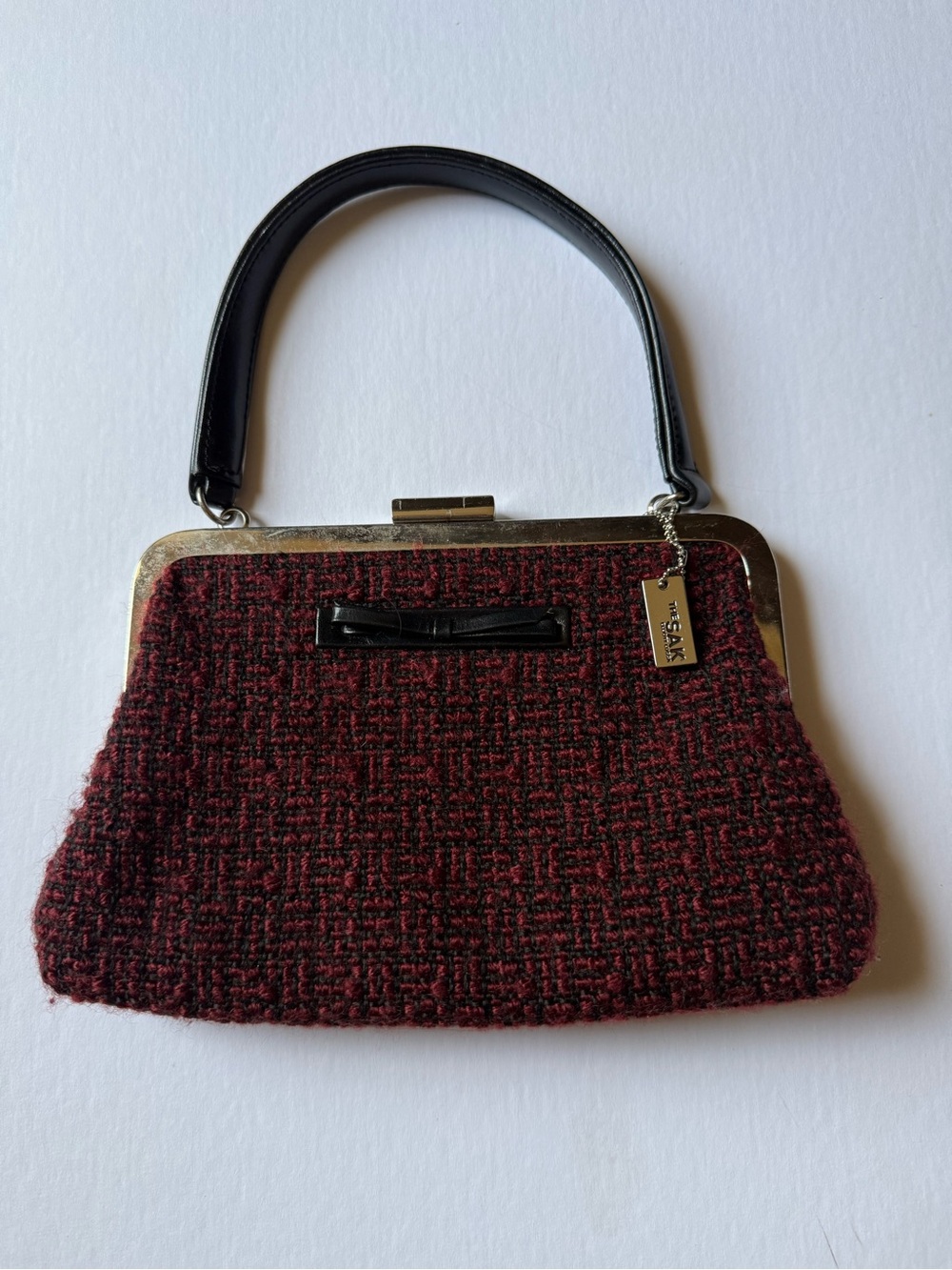 Vintage The Sak Elliott Lucca Tweed Knit Frame Bag Merlot Red Black Bow Handbag